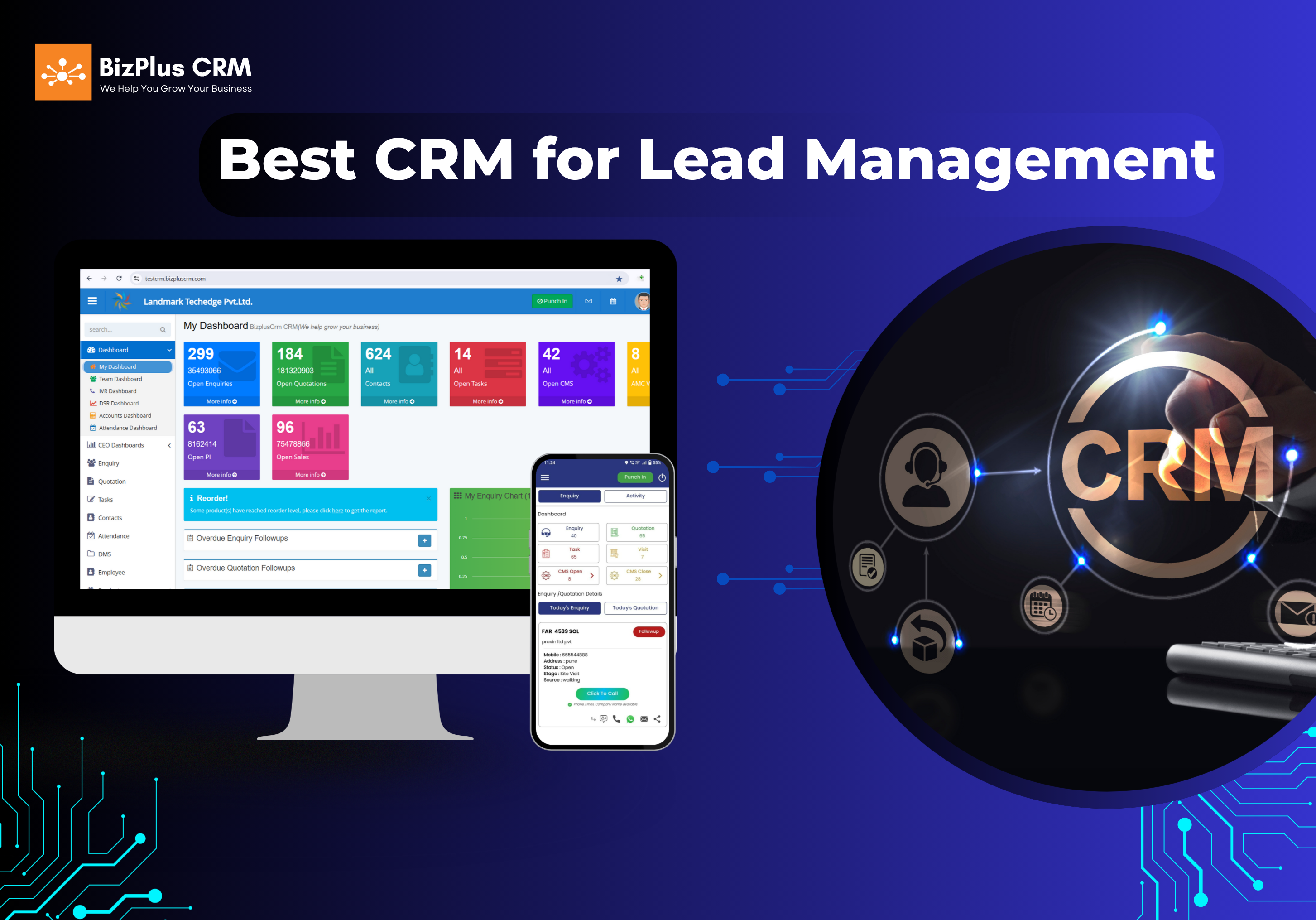 BizPlus CRM Dashboard showing lead management tools